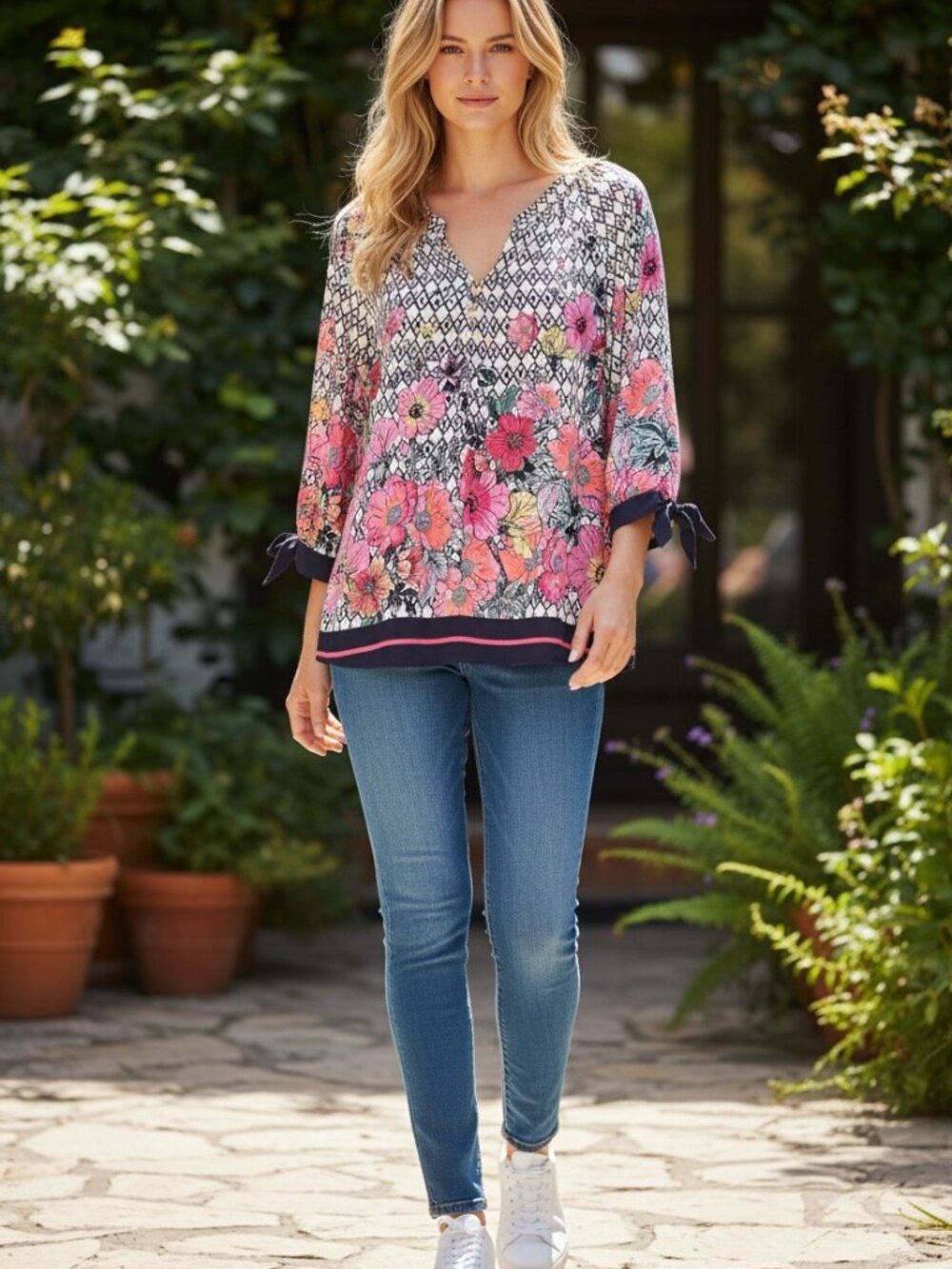 Figuerca & Flower Womens PXL Petite XL Floral Rayon Boho Peasant Tie Sleeve